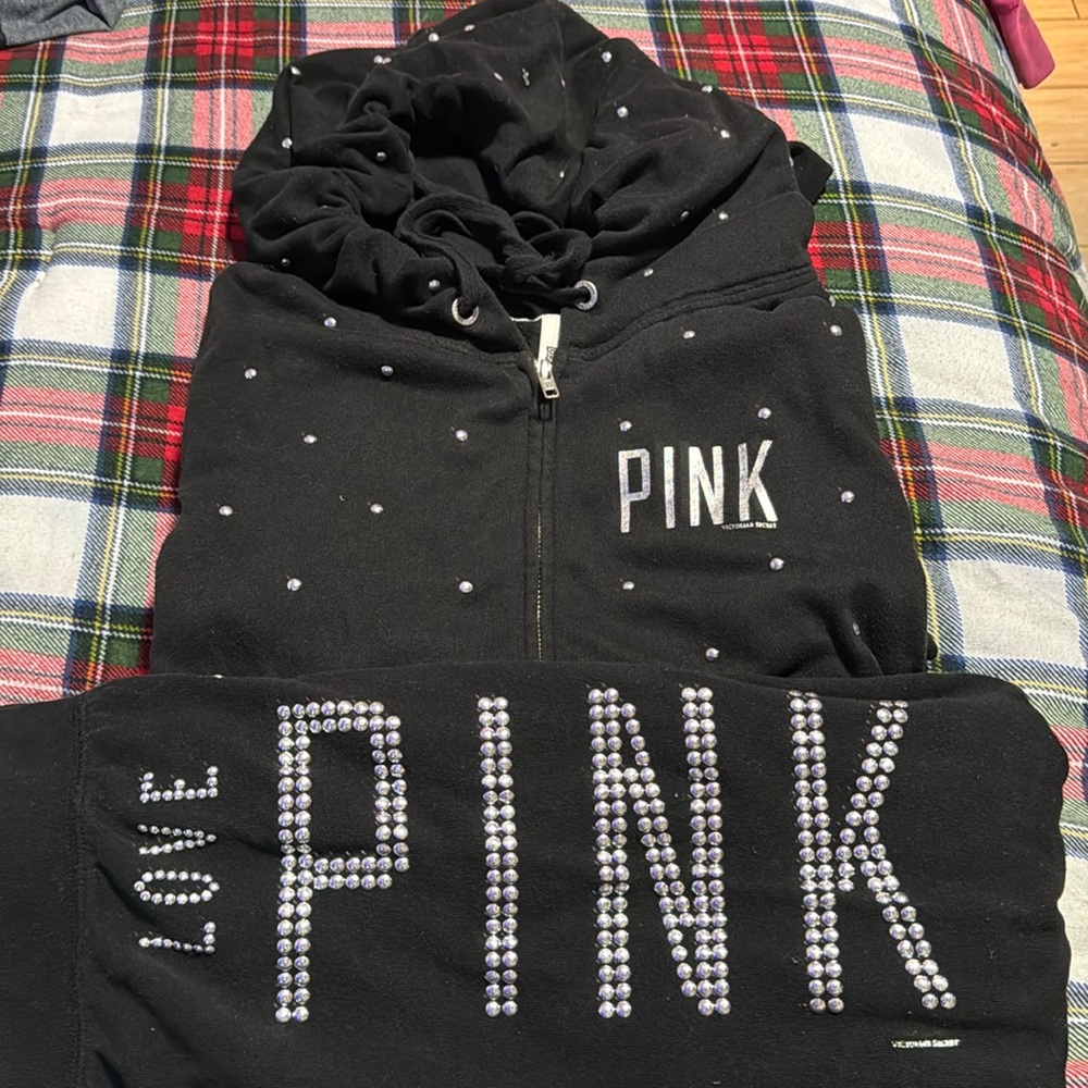 EXTREMELY RARE -PINK Victoria's Secret Black Rhinestone Zip Hoodie & Joggers